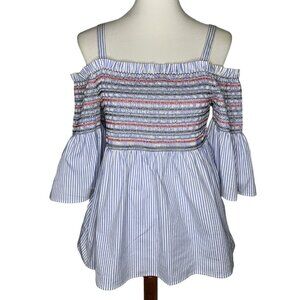 Maison Jules Smocked Off The Shoulder Top Women's Size Blue 3/4 Bell Sleeve NWOT